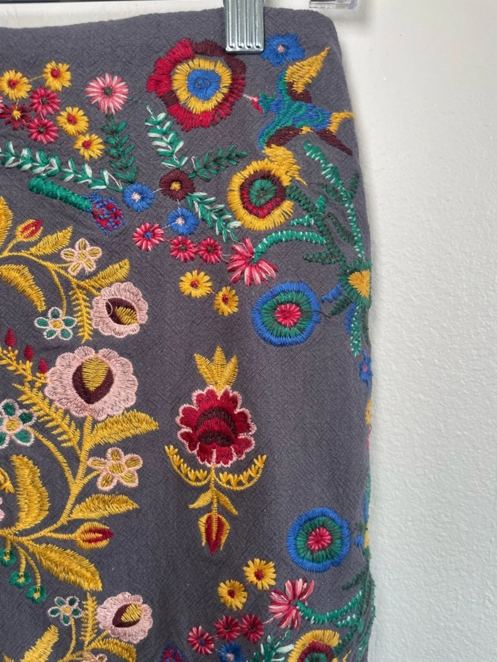 Umgee USA Boho Embroidered Mini Skirt Floral Gray Cotton Linen Medium